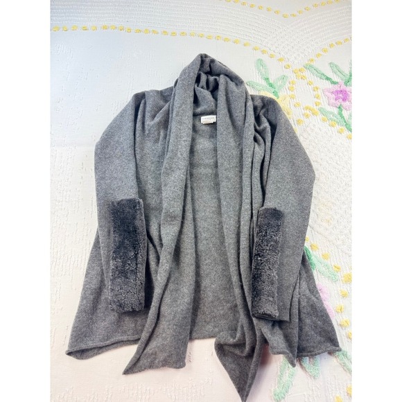 Club Monaco Cashmere Gray Open Front Cardigan Faux Fur Trim XS/S - Picture 2 of 11